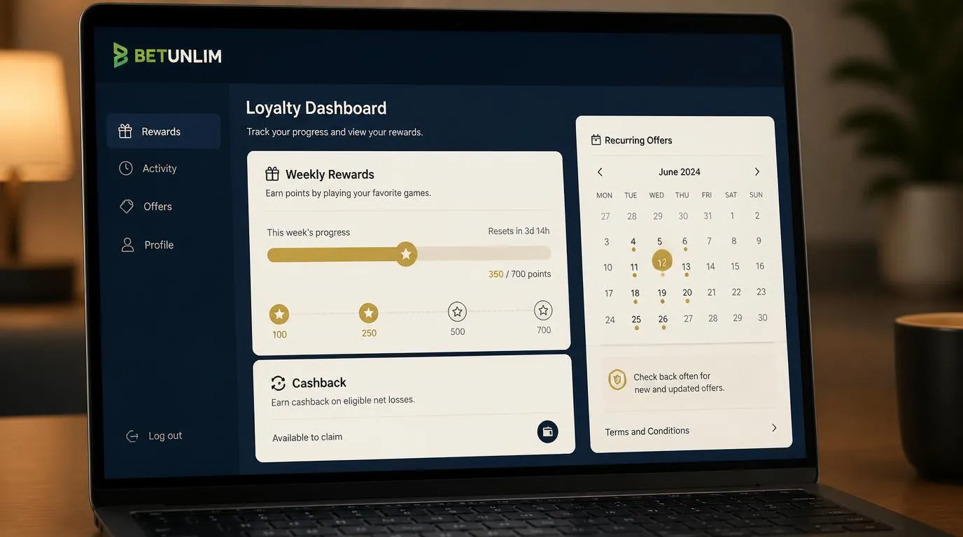 Panel kasyna z punktami lojalnościowymi, nagrodą tygodniową i ofertą cashback