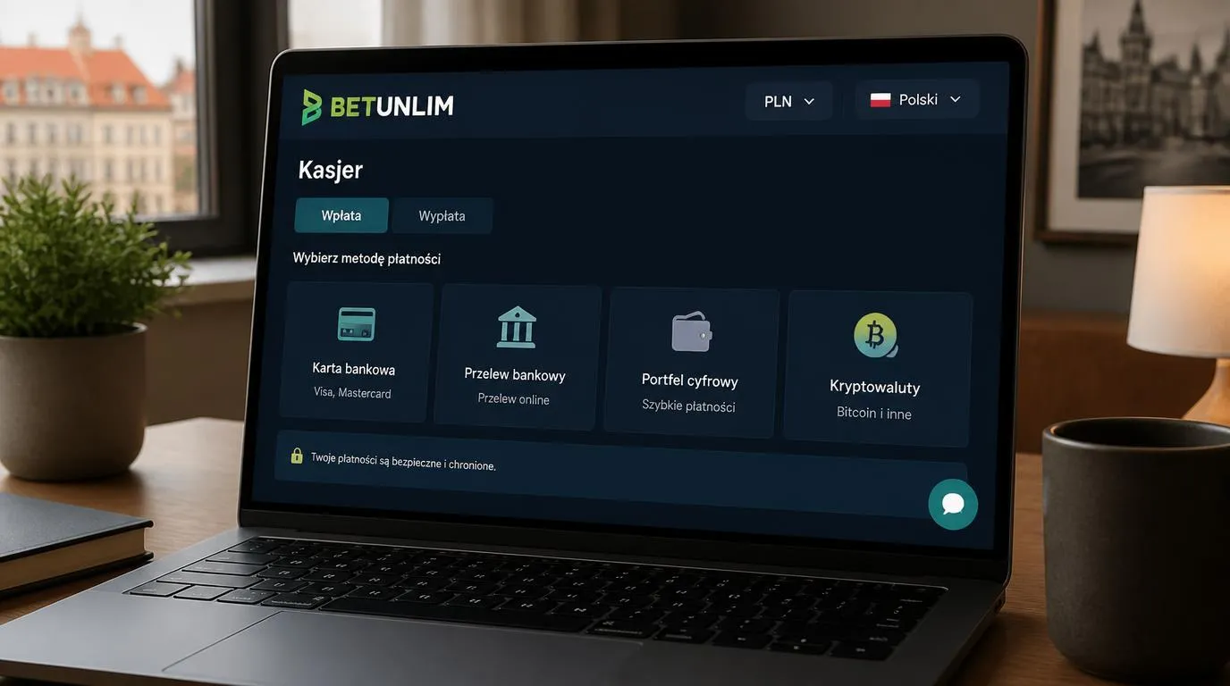 Ekran kasy kasyna z wyborem PLN, metod płatności i oknem czatu na żywo