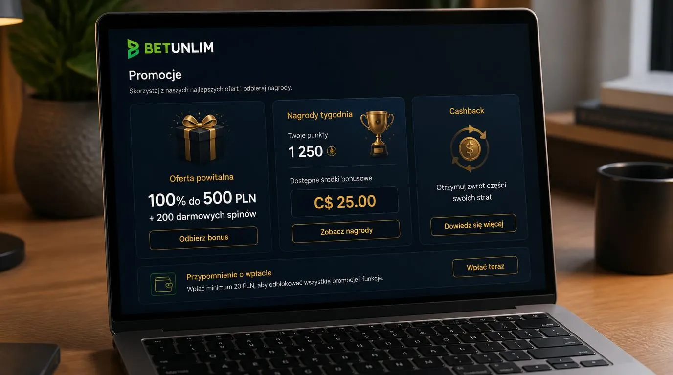 Ekran promocji kasyna z bonusem powitalnym i punktami wymienianymi na środki bonusowe